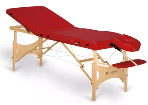 Składany stół do masażu Panda Plus z wyposażeniem dodatkowym: półka, podłokietniki i podgłówek regulowany.