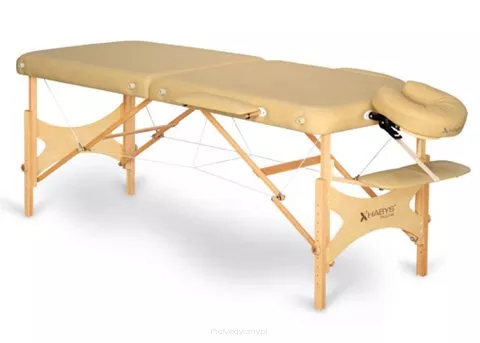 Składany stół do masażu Panda Pro - na zdjęciu z podgłówkiem, podłokietnikami i półka przednią. 